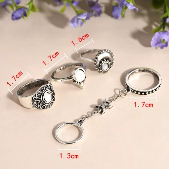 4pc set Boho Moon midi Ring set with chain ring - Picture 3 of 4